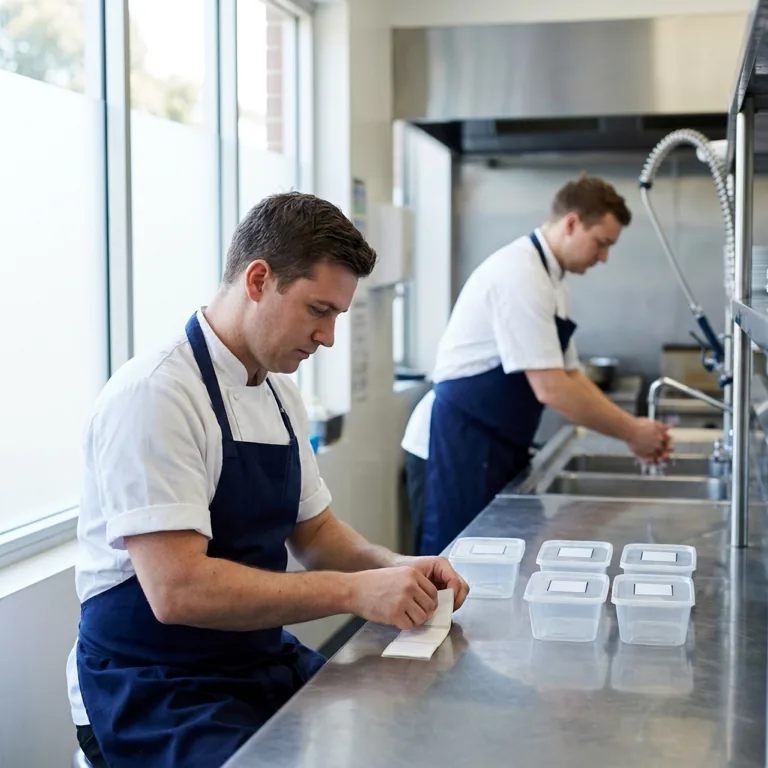 A commercial kitchen worker date-labelling food containers while a colleague washes their hands behind