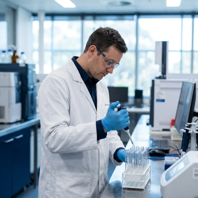 A laboratory technician in a lab coat and safety glasses pipetting a sample into test tubes