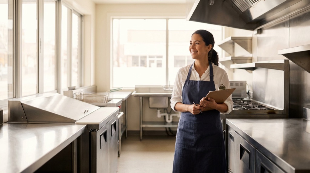 A first-time food business owner in a newly fitted-out commercial kitchen, checking equipment with a clipboard before opening day