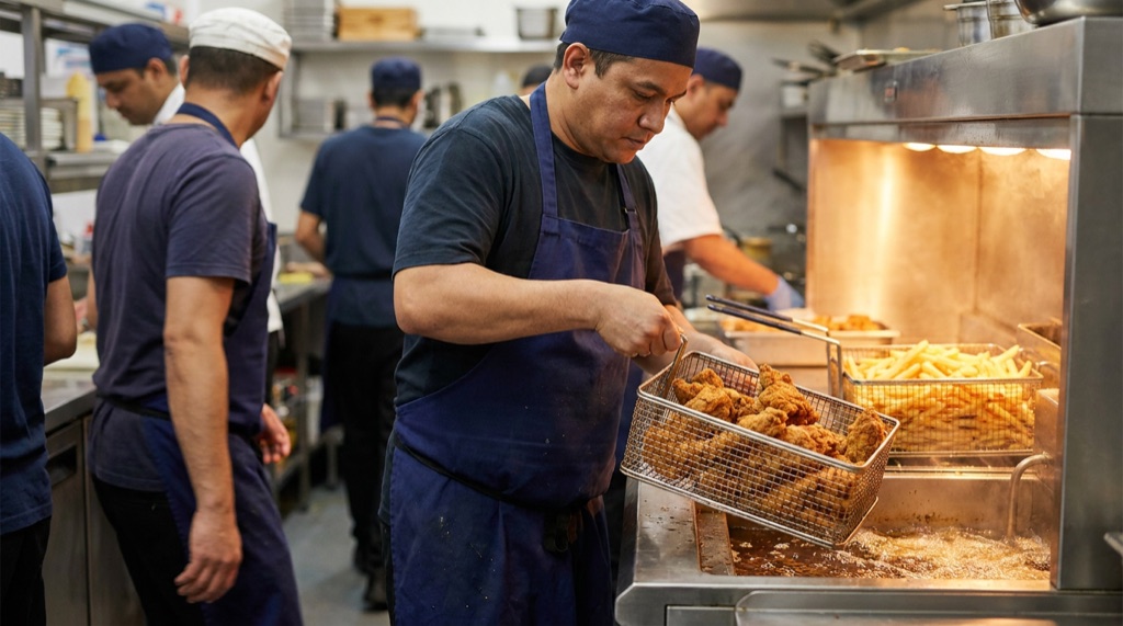 A chef lifting a basket of fried chicken from the fryer in a busy takeaway kitchen, with a basket of chips beside it