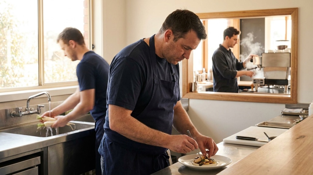 A head chef plating a dish at the kitchen pass while a kitchen hand rinses vegetables at the sink behind and a barista works the espresso machine beyond — three hospitality roles in one commercial kitchen